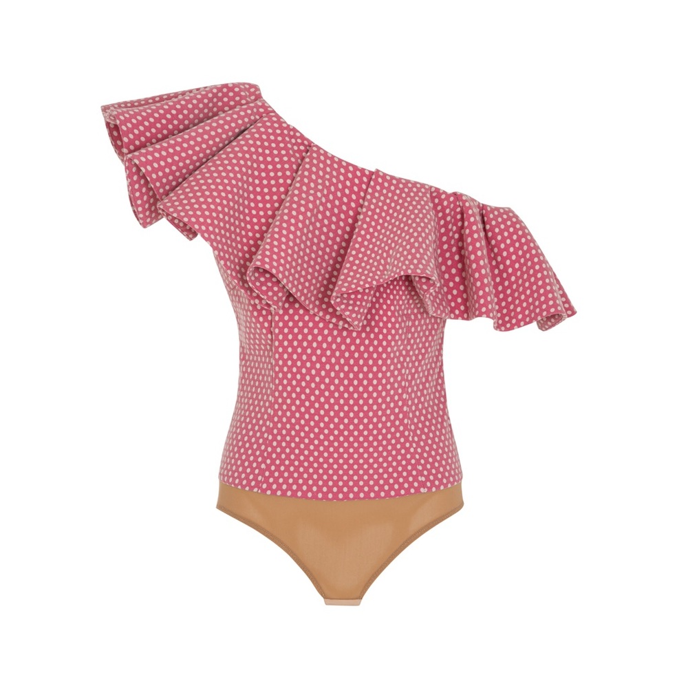 POLKA DOT CORAL RUFFLE BODYSUIT